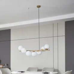 Lucande hanglamp Isandro, 95 cm, goud, wit, 7-lamps, G9