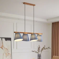 Lucande hanglamp Jinda, blauw, hout, stof, 120 cm, E27