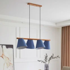 Lucande hanglamp Jinda, blauw, hout, stof, 120 cm, E27