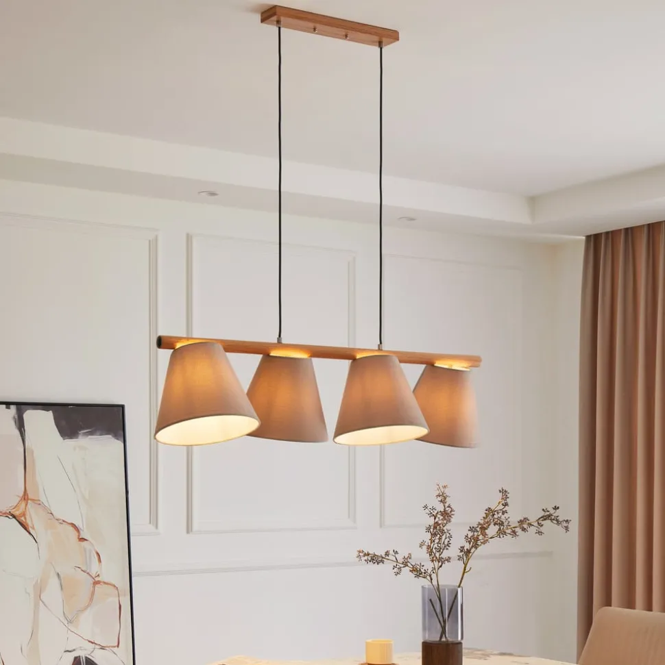 Lucande hanglamp Jinda, grijs, hout, stof, 120 cm, E27