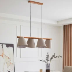 Lucande hanglamp Jinda, grijs, hout, stof, 120 cm, E27