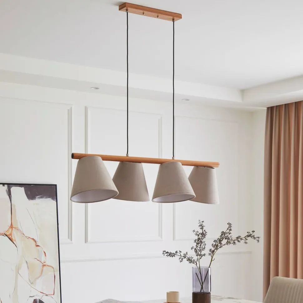 Lucande hanglamp Jinda, grijs, hout, stof, 120 cm, E27