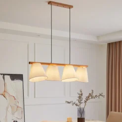 Lucande hanglamp Jinda, wit, hout, stof, 120 cm, E27