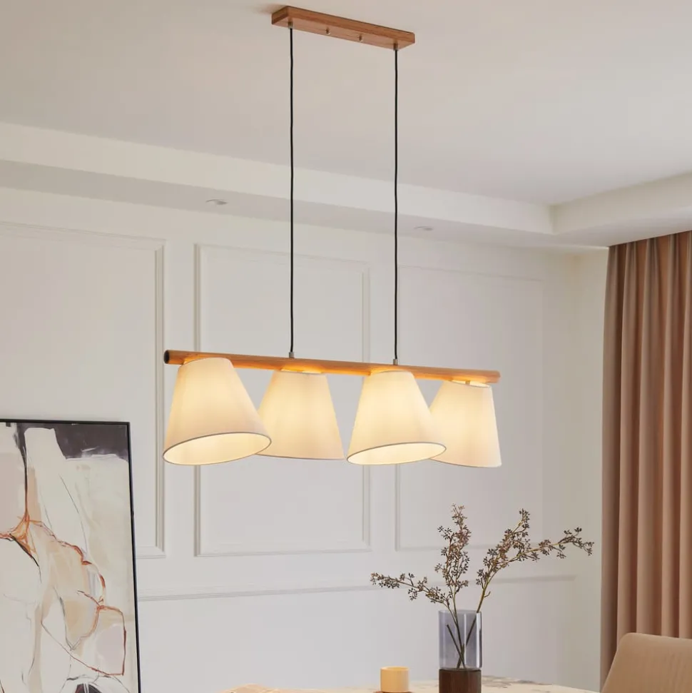 Lucande hanglamp Jinda, wit, hout, stof, 120 cm, E27