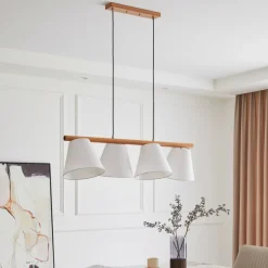 Lucande hanglamp Jinda, wit, hout, stof, 120 cm, E27