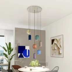 Lucande hanglamp Narion, rond, 7-lamps, kleurrijk, metaal