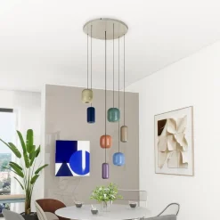 Lucande hanglamp Narion, rond, 7-lamps, kleurrijk, metaal