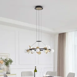 Lucande hanglamp Pallo, 12-lamps, zwart/goud, glas