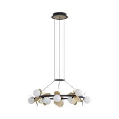 Lucande hanglamp Pallo, 12-lamps, zwart/goud, glas