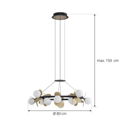 Lucande hanglamp Pallo, 12-lamps, zwart/goud, glas