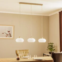 Lucande hanglamp Sharvil, 3-lamps, wit, glas, 97cm