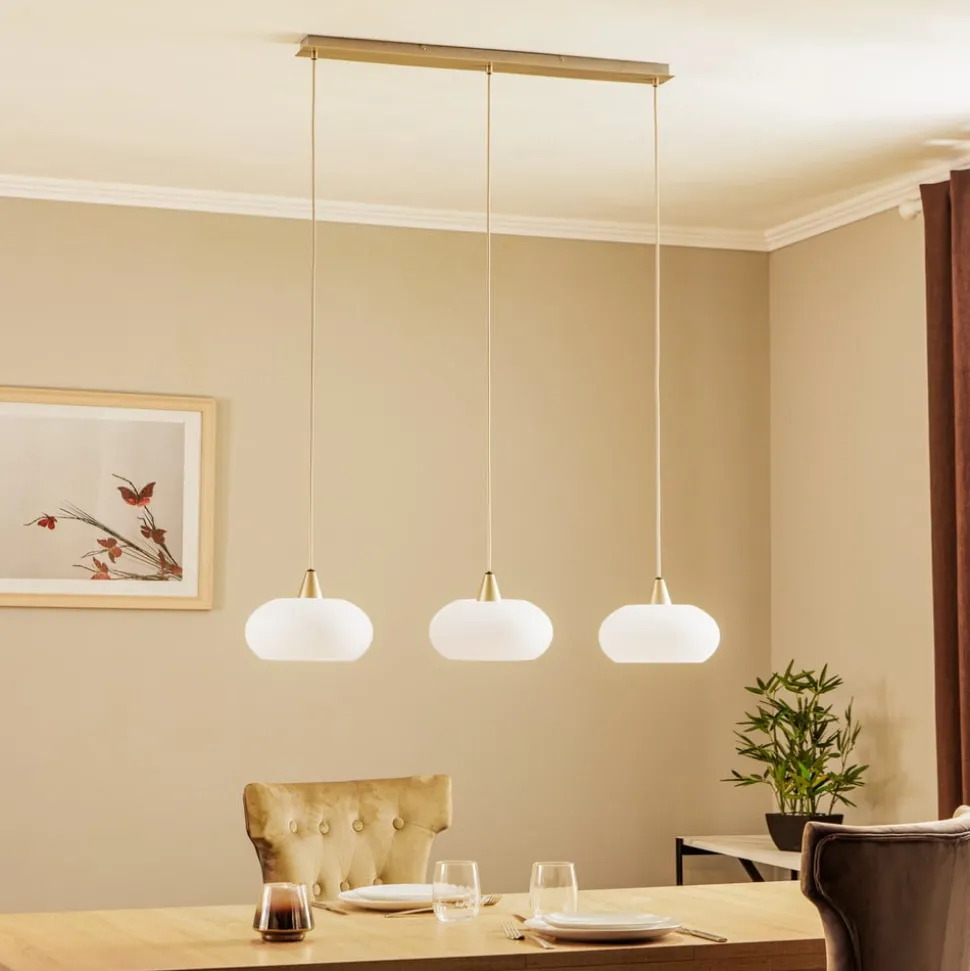 Lucande hanglamp Sharvil, 3-lamps, wit, glas, 97cm