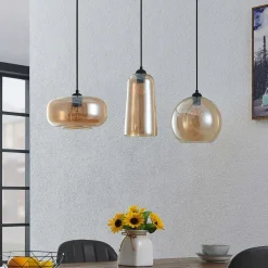 Lucande hanglamp Wilja, amber, glas, 111 cm, 3-lamps, E27