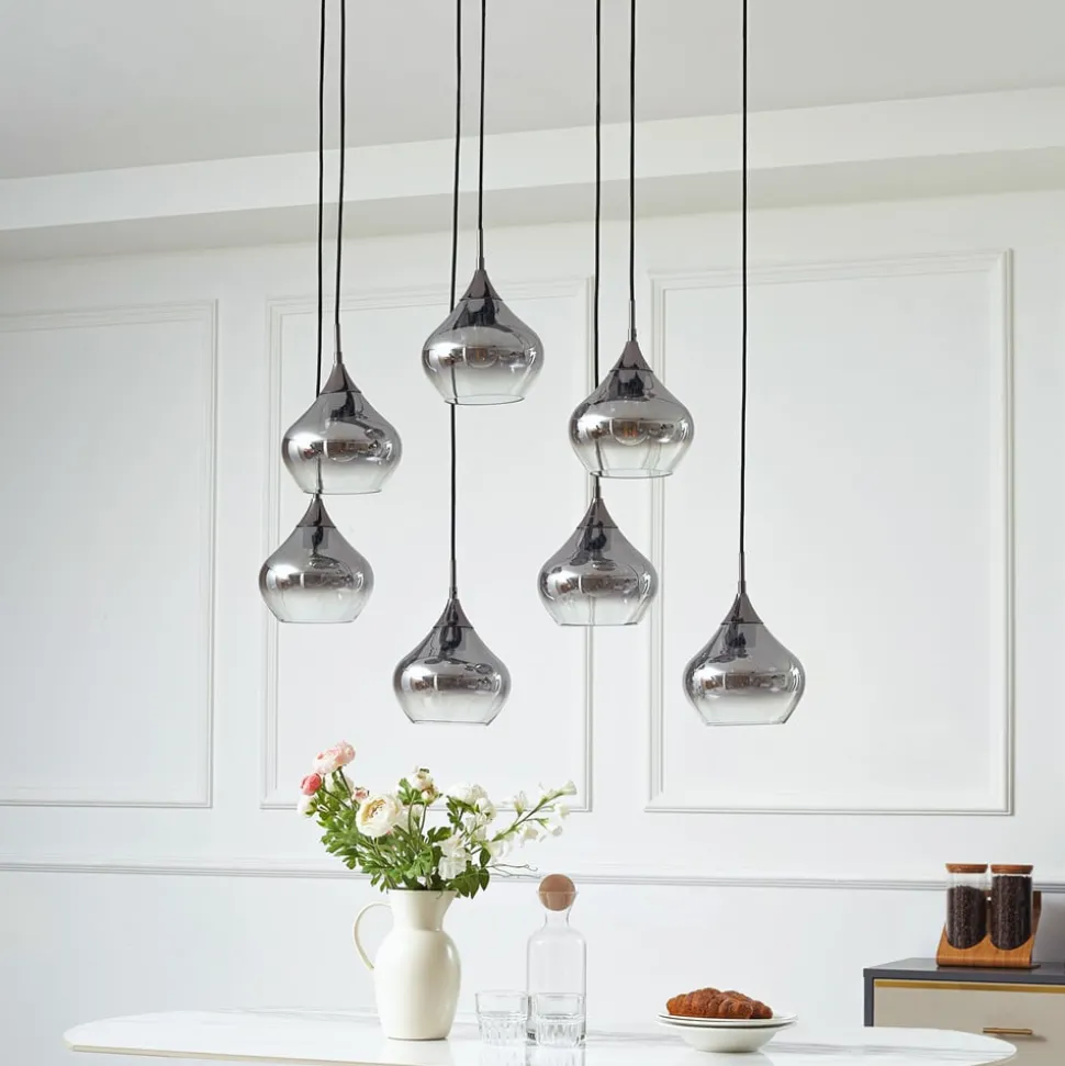 Lucande Jarven hanglamp, 7-lamps, zwart, glas