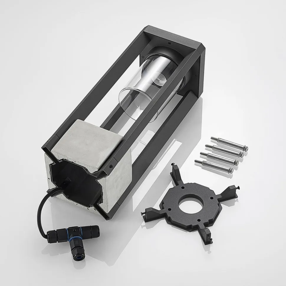 Lucande Kalisa sokkellamp, E27, IP44, 42 cm, grijs, metaal