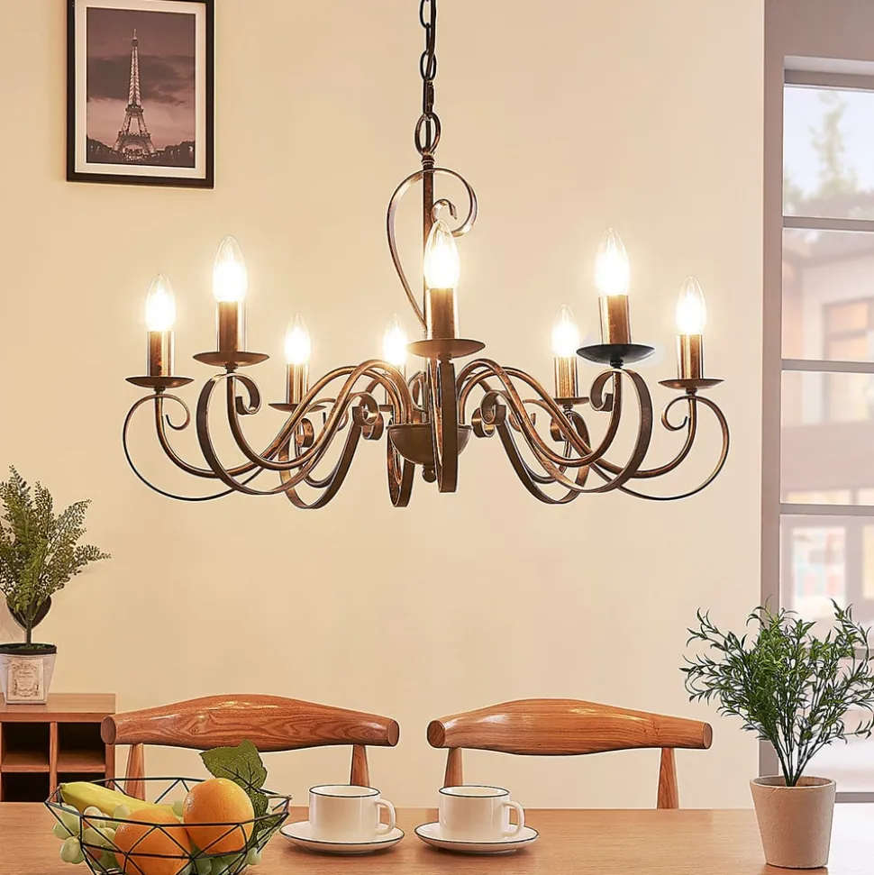 Lucande kroonluchter Caleb, 8-lamps, roestkleurig, metaal, E14