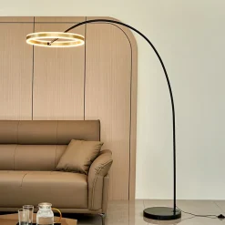 Lucande LED booglamp Jekta, messingkleurig, 183 cm, dimbaar