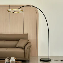 Lucande LED booglamp Jekta, messingkleurig, 183 cm, dimbaar