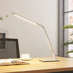 Lucande LED bureaulamp Nicano, grijs, metaal, dimbaar.