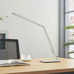 Lucande LED bureaulamp Nicano, grijs, metaal, dimbaar.