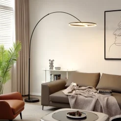 Lucande LED gebogen vloerlamp Virvera, rond, zwart, metaal