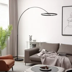 Lucande LED gebogen vloerlamp Virvera, rond, zwart, metaal