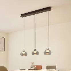 Lucande LED hanglamp Dain, 3-lamps, rookgrijs, glas