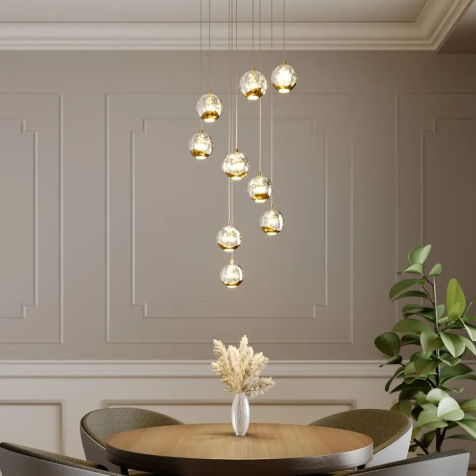 Lucande LED hanglamp Hayley, Ø 40 cm, 9-lamps, goud, glas