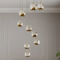 Lucande LED hanglamp Hayley, Ø 40 cm, 9-lamps, goud, glas