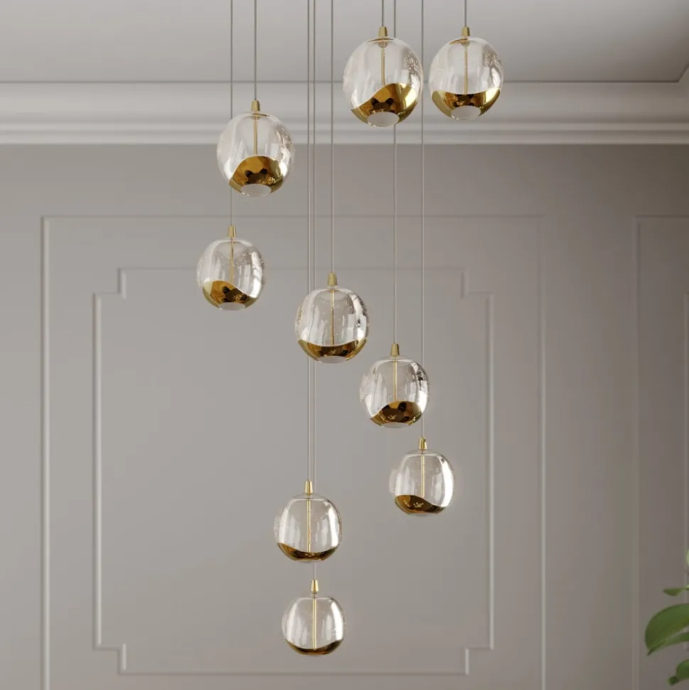 Lucande LED hanglamp Hayley, Ø 40 cm, 9-lamps, goud, glas