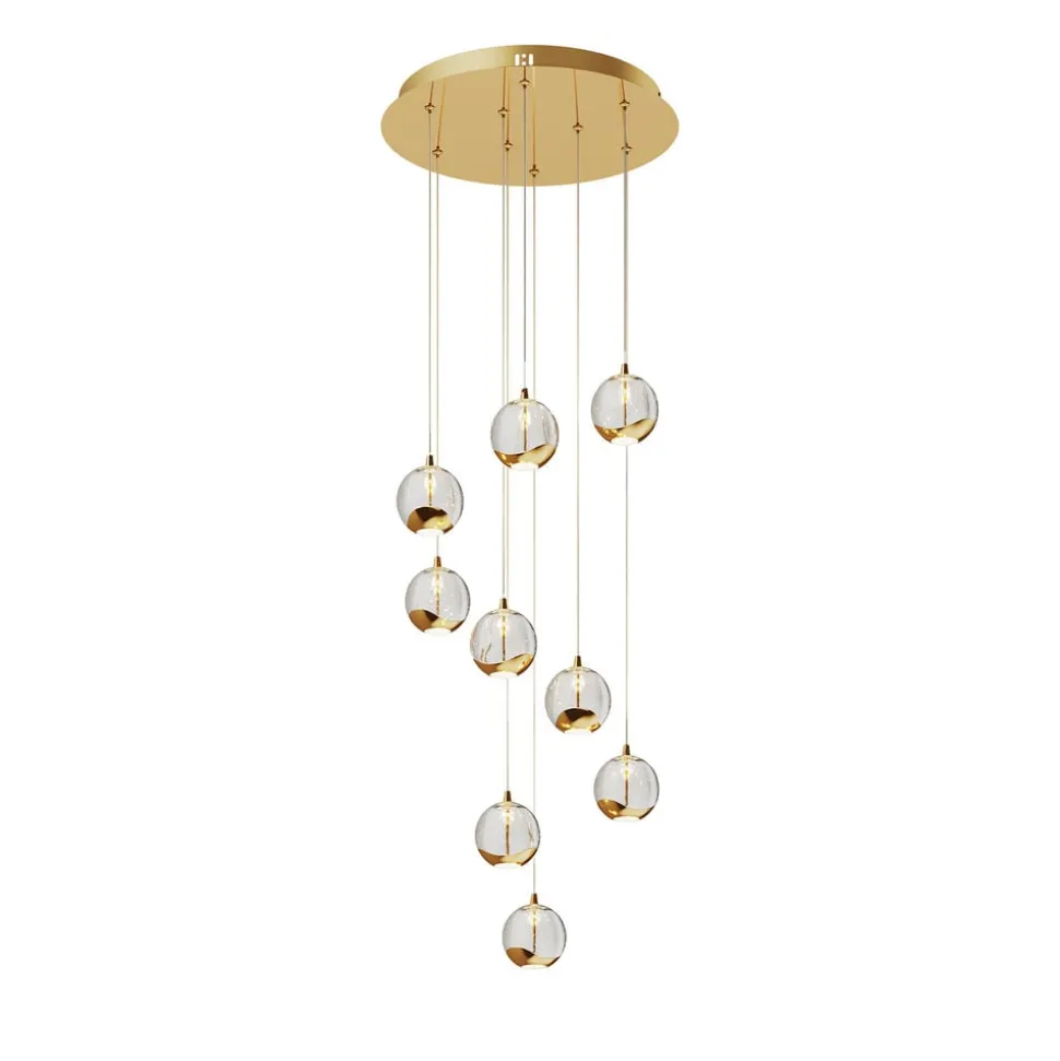 Lucande LED hanglamp Hayley, Ø 40 cm, 9-lamps, goud, glas
