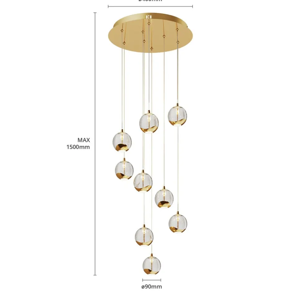 Lucande LED hanglamp Hayley, Ø 40 cm, 9-lamps, goud, glas