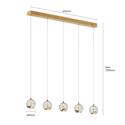 Lucande LED hanglamp Hayley, 96 cm, 5-lamps, goud, glas