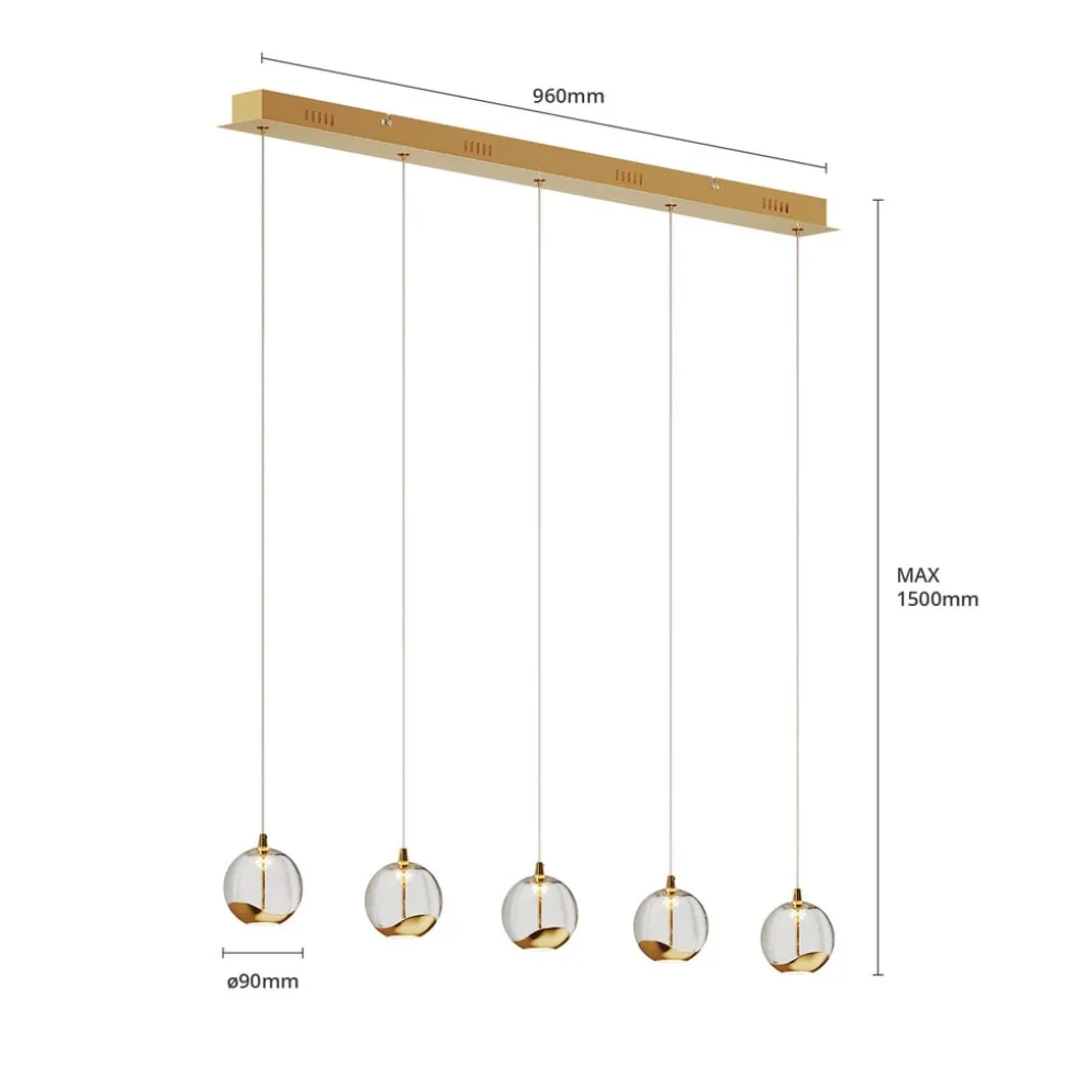 Lucande LED hanglamp Hayley, 96 cm, 5-lamps, goud, glas