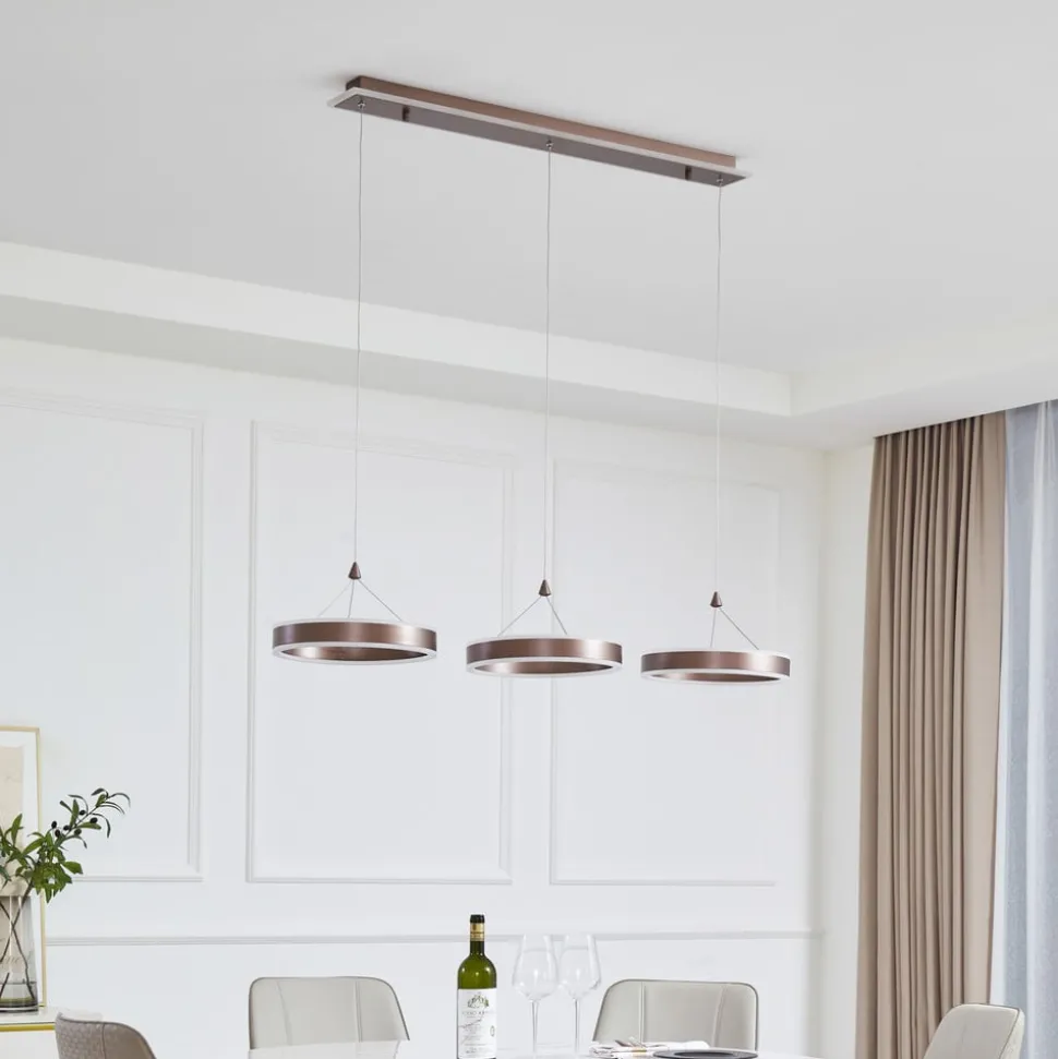 Lucande LED hanglamp Kolo, 114 cm, 3-lamps, bruin, dimbaar