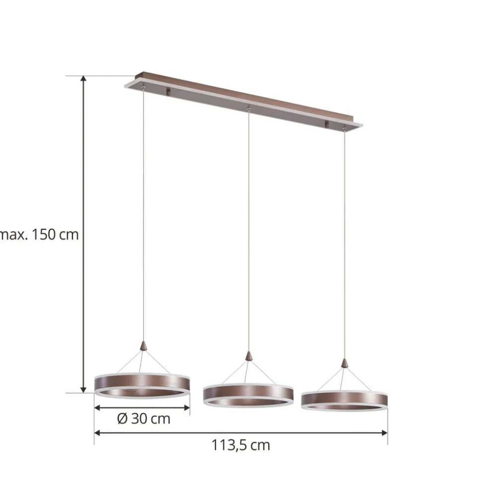 Lucande LED hanglamp Kolo, 114 cm, 3-lamps, bruin, dimbaar