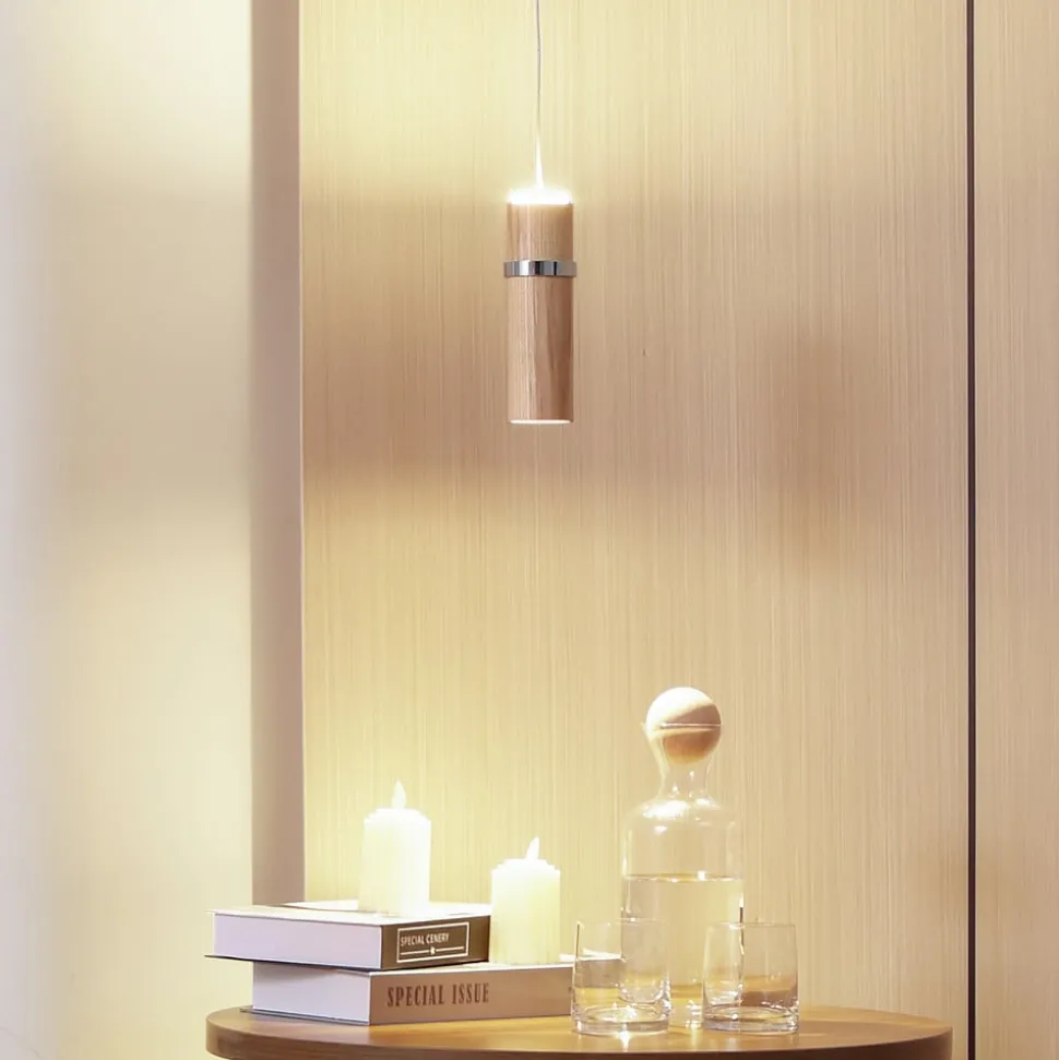 Lucande LED hanglamp Nojus, hout, omhoog/omlaag, Ø 6 cm