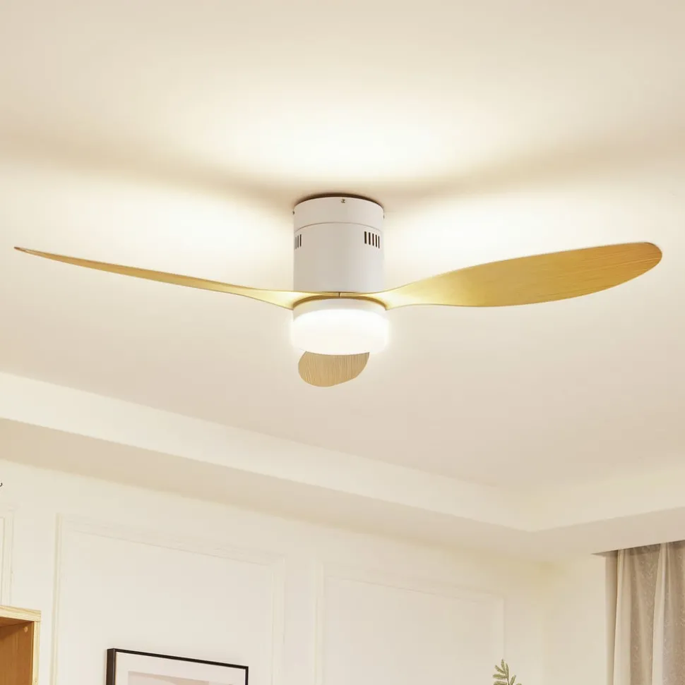 Lucande LED plafondventilator Kayu, wit, DC, stil, 132 cm