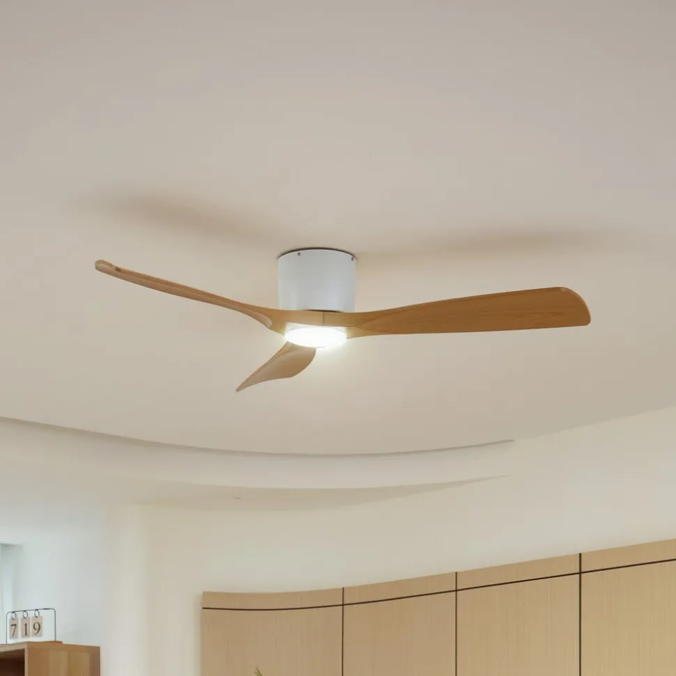 Lucande LED plafondventilator Moneno, wit/hout, Tuya