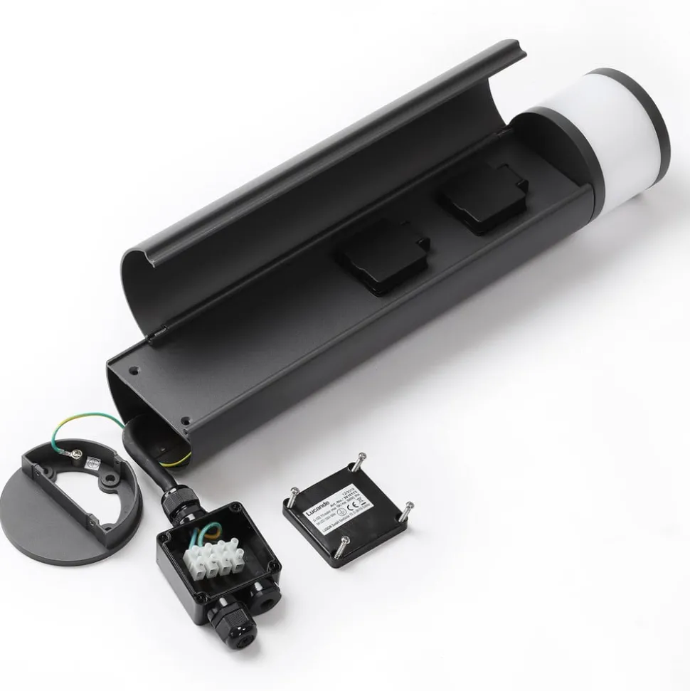 Lucande LED sokkellamp Corban, grijs, deur, stopcontacten, IP44