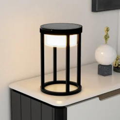 Lucande LED solar tafellamp Tilena, rond, zwart, dimbaar