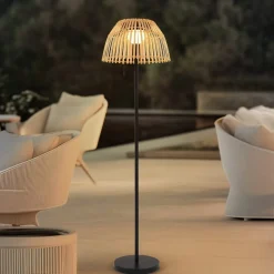 Lucande LED vloerlamp Eligio, bamboe, Ø 39 cm, RGB