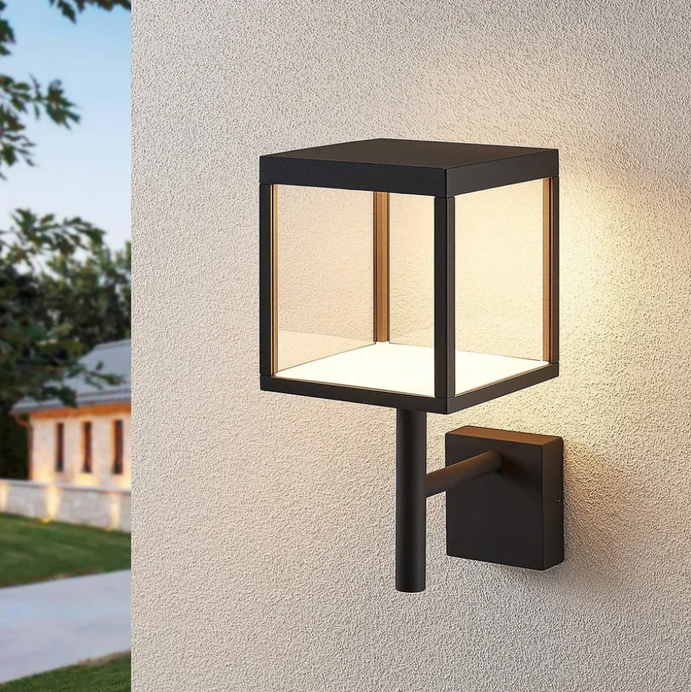 Lucande LED wandlamp Cube, antraciet, glas, 37cm, IP54