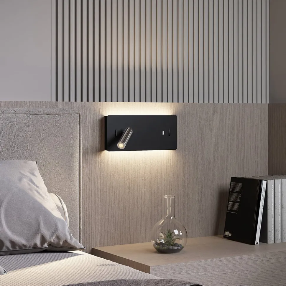 Lucande LED wandlamp Kimo, 32 cm, zwart, aluminium, USB