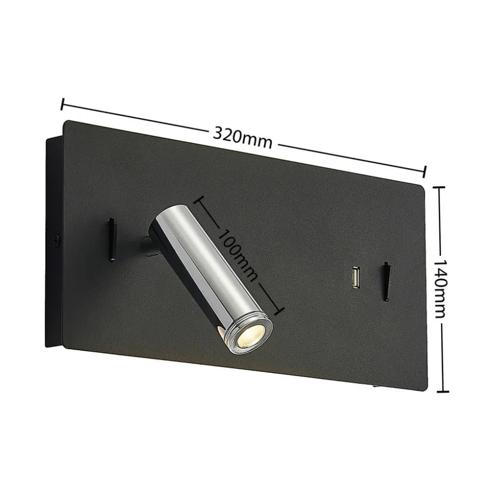 Lucande LED wandlamp Kimo, 32 cm, zwart, aluminium, USB