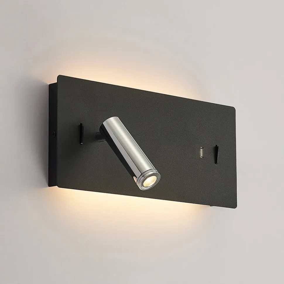 Lucande LED wandlamp Kimo, 32 cm, zwart, aluminium, USB