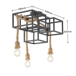 Lucande plafondlamp Andrik, 44 cm, 3-lamps, henneptouw, metaal