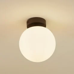 Lucande plafondlamp Bidolo, zwart, glas, Ø 15 cm, IP44