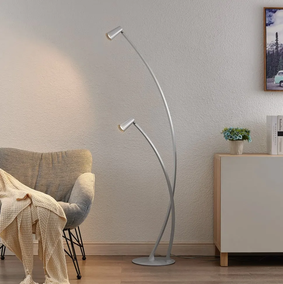 Lucande Velanoris vloerlamp, 2-lamps, geborsteld aluminium