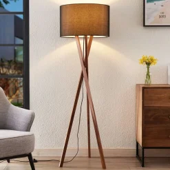 Lucande vloerlamp Auriane, driepoot, zwart, stof, 160 cm